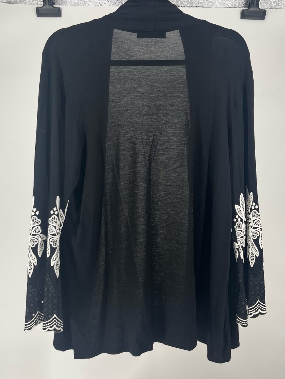 Black Open-Front Women's Cardigan with White Floral Sleeve Embroidery